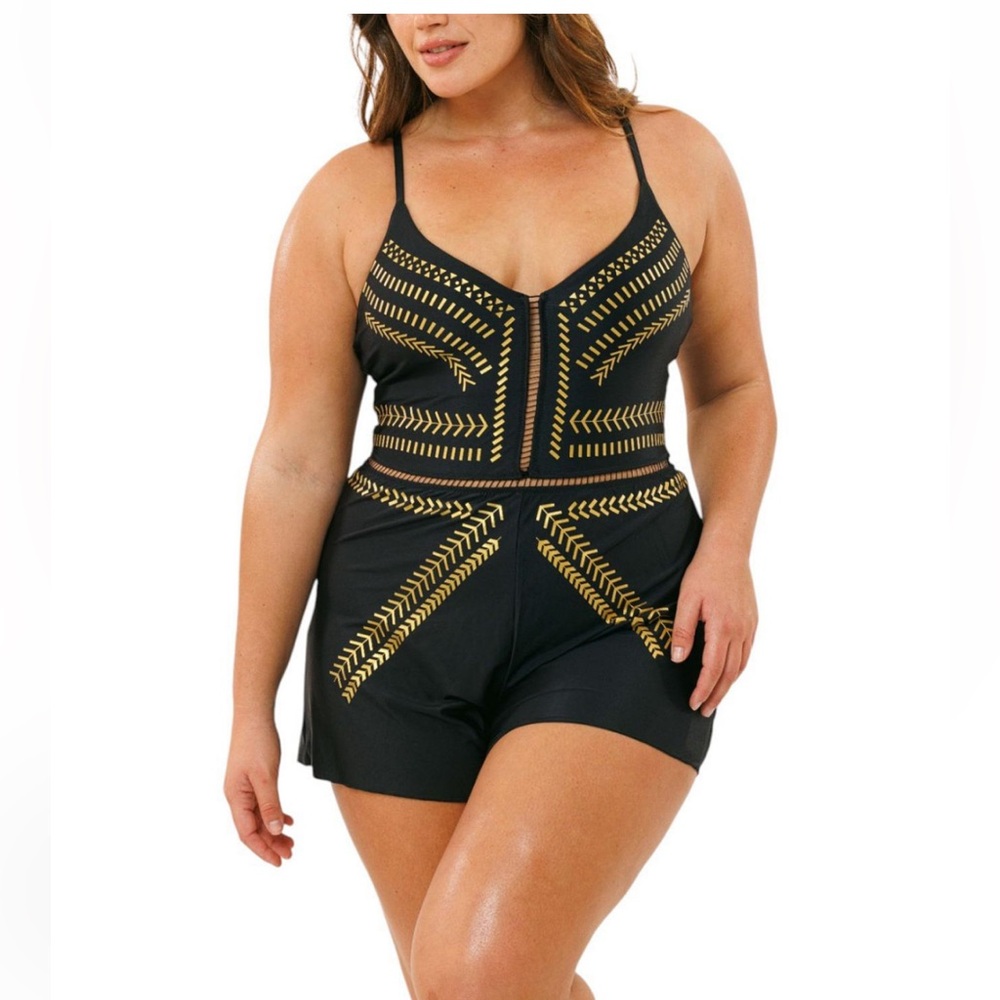 Billabong Black & gold Swimsuit Swimdress 1 Pc Shorts  Sz XL NWT “Overall Kim”